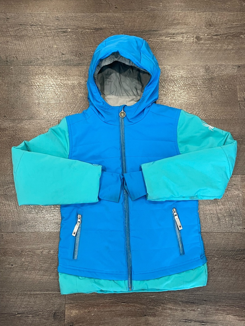 Spyder Blue and Teal Boy’s Hooded Snowboarding Jacket Ski Jacket Size 12
